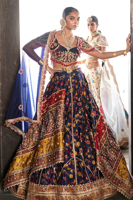 Aditi Gupta Blue Lehenga Kani Silk Woven Floral Sweetheart Neck Bridal Set 