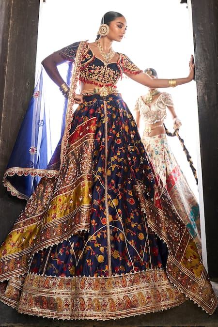 Shop Aditi Gupta Blue Kota Doria, Silk, Tissue Sequins, Kani Floral Woven Bridal Lehenga Set at Aza Fashions Shop_Aditi Gupta_Blue Kota Doria, Silk, Tissue Sequins, Kani Floral Woven Bridal Lehenga Set _at_Aza_Fashions
