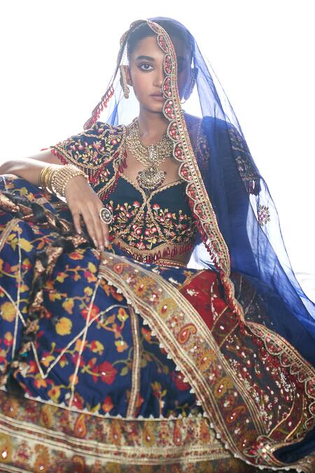Aditi Gupta Blue Kota Doria, Silk, Tissue Sequins, Kani Floral Woven Bridal Lehenga Set Online at Aza Fashions Aditi Gupta_Blue Kota Doria, Silk, Tissue Sequins, Kani Floral Woven Bridal Lehenga Set _Online_at_Aza_Fashions
