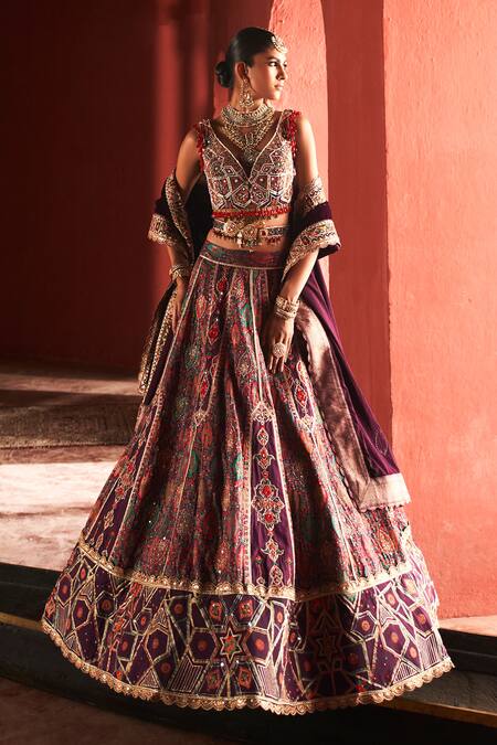 Aditi Gupta Purple Silk, Velvet Beads, Pearls, Zari Jamawar Embroidered Bridal Lehenga Set Online at Aza Fashions Aditi Gupta_Purple Silk, Velvet Beads, Pearls, Zari Jamawar Embroidered Bridal Lehenga Set _Online_at_Aza_Fashions
