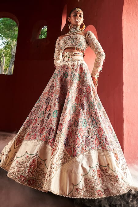 Aditi Gupta Ivory Lehenga And Blouse Jamawar Silk Embroidered & Pearl Bridal Set 