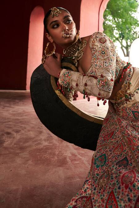 Aditi Gupta Ivory Silk, Tissue Beads, Pearls, Jamawar And Embroidered Bridal Lehenga Set at Aza Fashions Aditi Gupta_Ivory Silk, Tissue Beads, Pearls, Jamawar And Embroidered Bridal Lehenga Set _at_Aza_Fashions