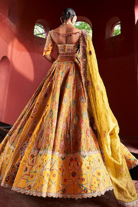 Shop_Aditi Gupta_Yellow Silk, Tissue Beads, Pearls, Zari Panelled Embroidered Bridal Lehenga Set _at_Aza_Fashions