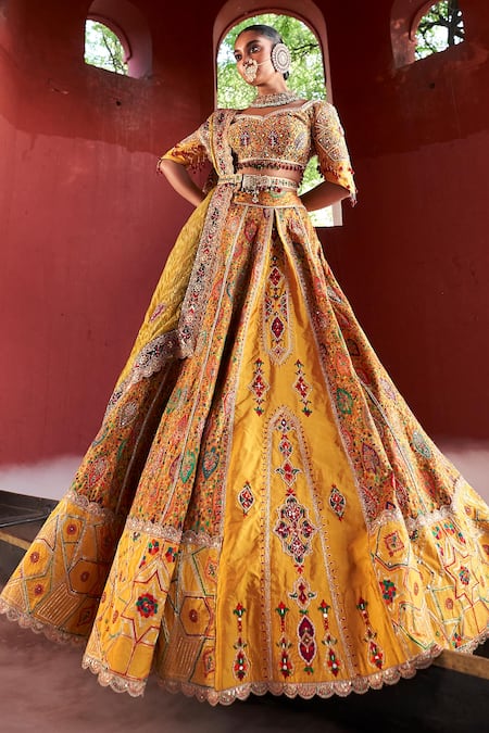 Aditi Gupta_Yellow Silk, Tissue Beads, Pearls, Zari Panelled Embroidered Bridal Lehenga Set _Online_at_Aza_Fashions