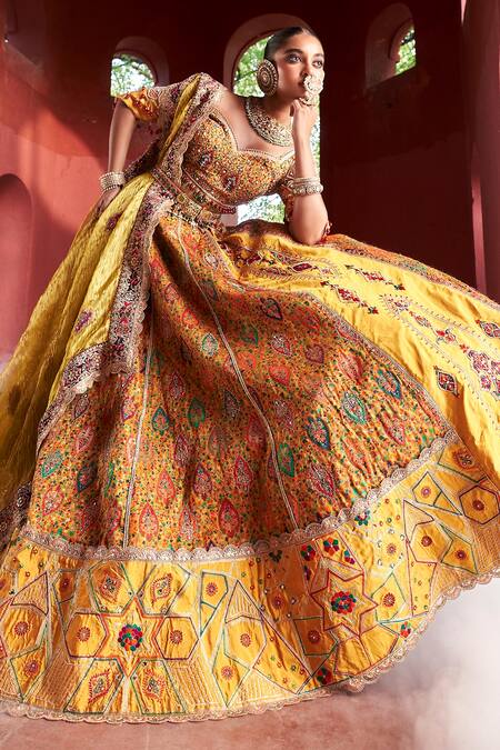 Buy_Aditi Gupta_Yellow Silk, Tissue Beads, Pearls, Zari Panelled Embroidered Bridal Lehenga Set _Online_at_Aza_Fashions