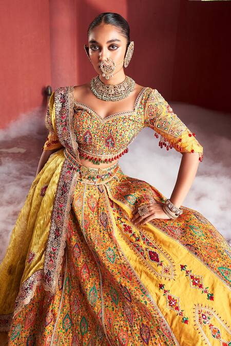 Shop_Aditi Gupta_Yellow Silk, Tissue Beads, Pearls, Zari Panelled Embroidered Bridal Lehenga Set _Online_at_Aza_Fashions