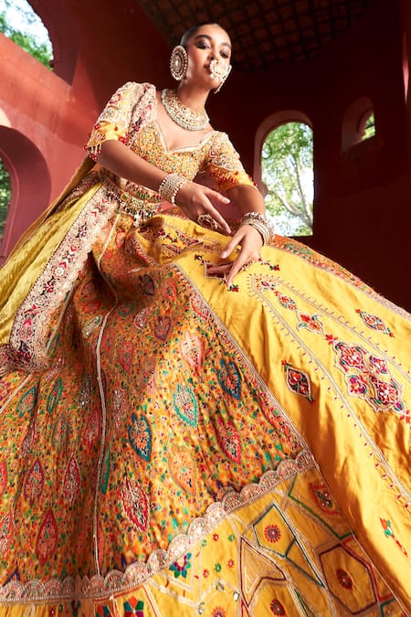 Aditi Gupta_Yellow Silk, Tissue Beads, Pearls, Zari Panelled Embroidered Bridal Lehenga Set _at_Aza_Fashions
