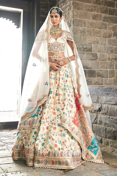 Aditi Gupta Ivory Lehenga Kani Silk Embroidered Pearl Floral Pattern Bridal Set 