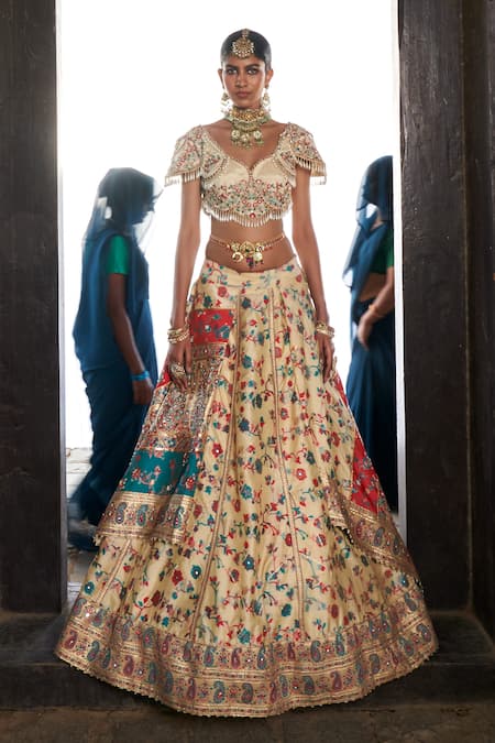 Buy Aditi Gupta Ivory Silk, Tissue Pearls, Floral Pattern Embroidered Bridal Lehenga Set Online at Aza Fashions Buy_Aditi Gupta_Ivory Silk, Tissue Pearls, Floral Pattern Embroidered Bridal Lehenga Set _Online_at_Aza_Fashions