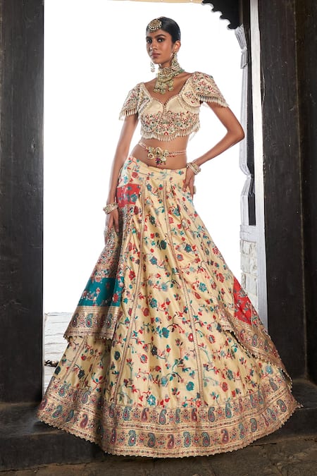 Shop Aditi Gupta Ivory Silk, Tissue Pearls, Floral Pattern Embroidered Bridal Lehenga Set Online at Aza Fashions Shop_Aditi Gupta_Ivory Silk, Tissue Pearls, Floral Pattern Embroidered Bridal Lehenga Set _Online_at_Aza_Fashions