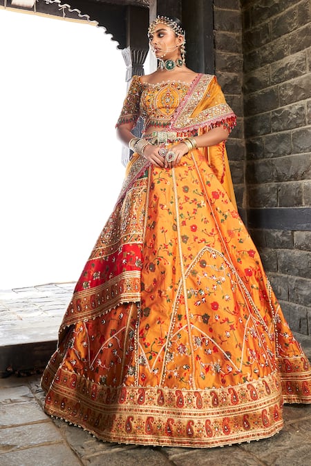 Aditi Gupta_Yellow Silk, Tissue Pearls, Sequins, Beads, Kani Embroidered Bridal Lehenga Set _Online_at_Aza_Fashions