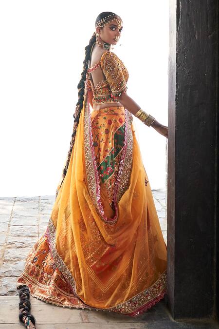 Buy_Aditi Gupta_Yellow Silk, Tissue Pearls, Sequins, Beads, Kani Embroidered Bridal Lehenga Set _Online_at_Aza_Fashions