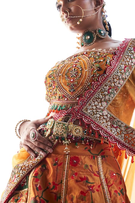 Shop_Aditi Gupta_Yellow Silk, Tissue Pearls, Sequins, Beads, Kani Embroidered Bridal Lehenga Set _Online_at_Aza_Fashions