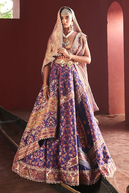 Aditi Gupta Purple Lehenga Kani Silk Floral Pattern Draped Bridal Set 