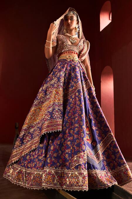 Aditi Gupta_Purple Kota Doria, Silk, Floral Pattern Draped Embroidered Bridal Lehenga Set _Online_at_Aza_Fashions