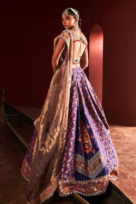Buy_Aditi Gupta_Purple Kota Doria, Silk, Floral Pattern Draped Embroidered Bridal Lehenga Set _Online_at_Aza_Fashions