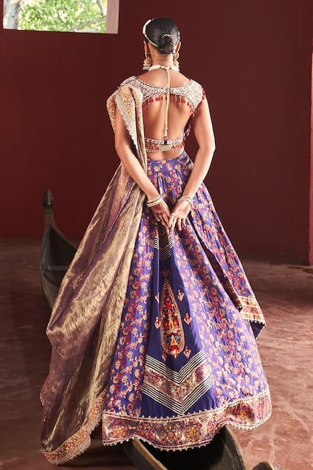 Shop_Aditi Gupta_Purple Kota Doria, Silk, Floral Pattern Draped Embroidered Bridal Lehenga Set _at_Aza_Fashions