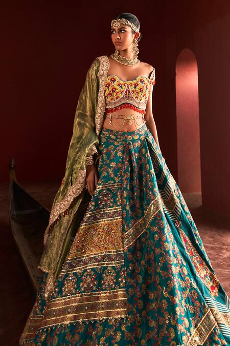 Aditi Gupta_Green Kota Doria, Silk, Tissue Draped Embroidered Floral Pattern Lehenga Set _Online_at_Aza_Fashions