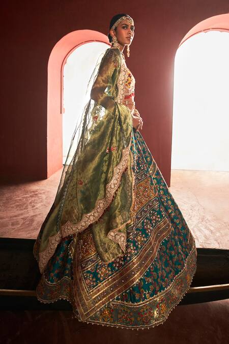 Buy_Aditi Gupta_Green Kota Doria, Silk, Tissue Draped Embroidered Floral Pattern Lehenga Set _Online_at_Aza_Fashions