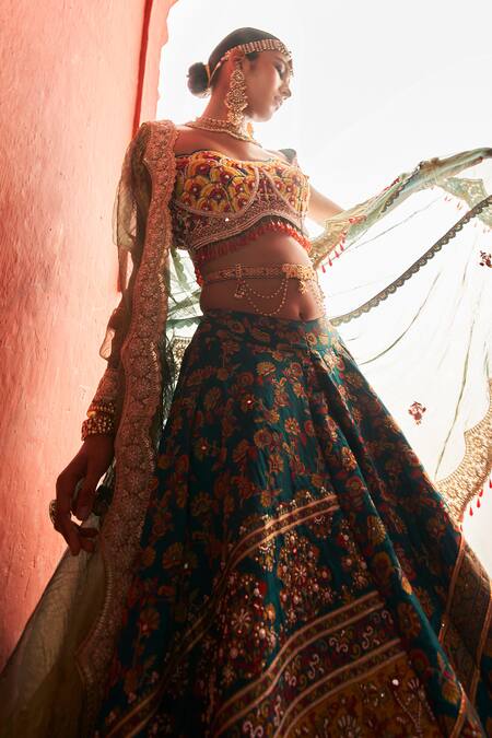 Shop_Aditi Gupta_Green Kota Doria, Silk, Tissue Draped Embroidered Floral Pattern Lehenga Set _Online_at_Aza_Fashions