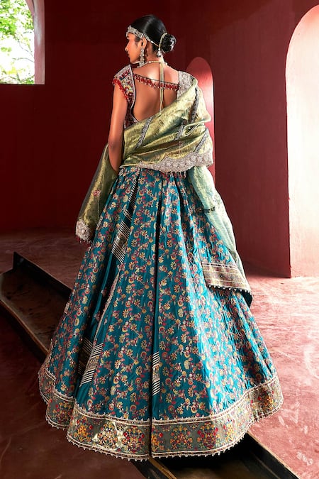 Shop_Aditi Gupta_Green Kota Doria, Silk, Tissue Draped Embroidered Floral Pattern Lehenga Set _at_Aza_Fashions