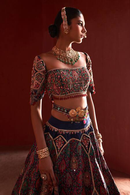 Aditi Gupta Blue Velvet, Silk Beads, Tassels, Zari, Pearls Jamawar Embroidered Lehenga Set Online at Aza Fashions Aditi Gupta_Blue Velvet, Silk Beads, Tassels, Zari, Pearls Jamawar Embroidered Lehenga Set _Online_at_Aza_Fashions