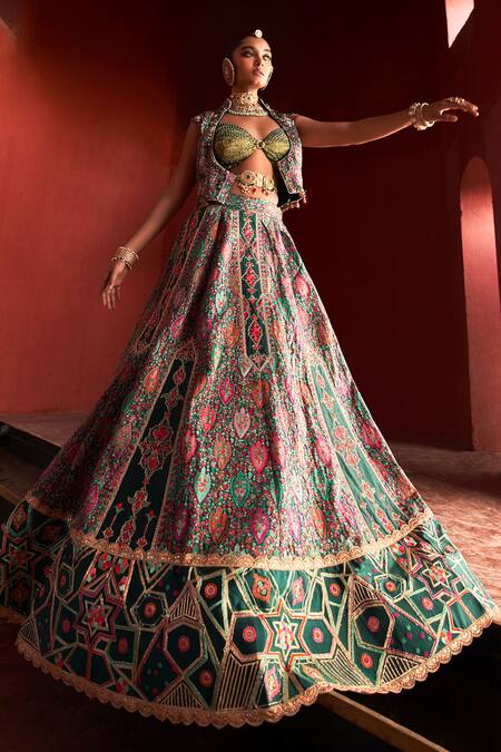 Aditi Gupta_Green Silk Pearls, Zari, Fringe, Beads, Jamawar Geometric Pattern Lehenga Set _Online_at_Aza_Fashions