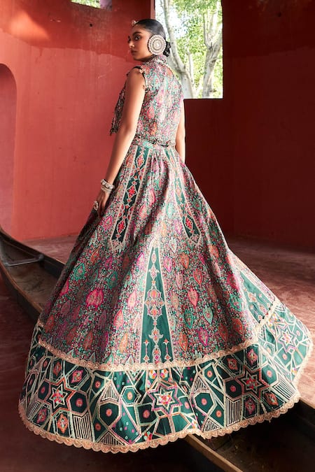 Shop_Aditi Gupta_Green Silk Pearls, Zari, Fringe, Beads, Jamawar Geometric Pattern Lehenga Set _at_Aza_Fashions