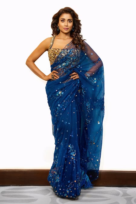 Shop_Dilnaz_Blue Net Hand Embroidery 3d Florals Square Neck Nora Bustier _at_Aza_Fashions