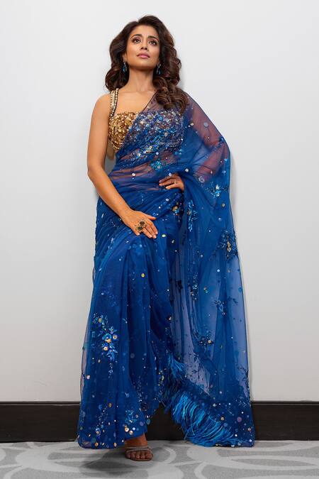 Dilnaz_Blue Net Hand Embroidery 3d Florals Square Neck Nora Bustier _at_Aza_Fashions