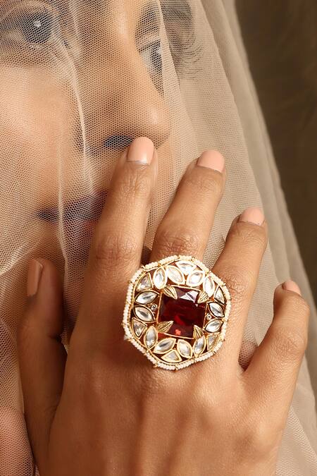 Swabhimann_Red Stones Polki Embellished Ring_Online_at_Aza_Fashions