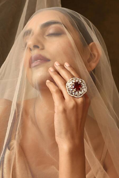 Buy_Swabhimann_Red Stones Polki Embellished Ring_Online_at_Aza_Fashions