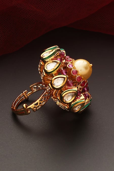 Swabhimann_Red Stones, Diamonds Embellished Handmade Ring _Online_at_Aza_Fashions