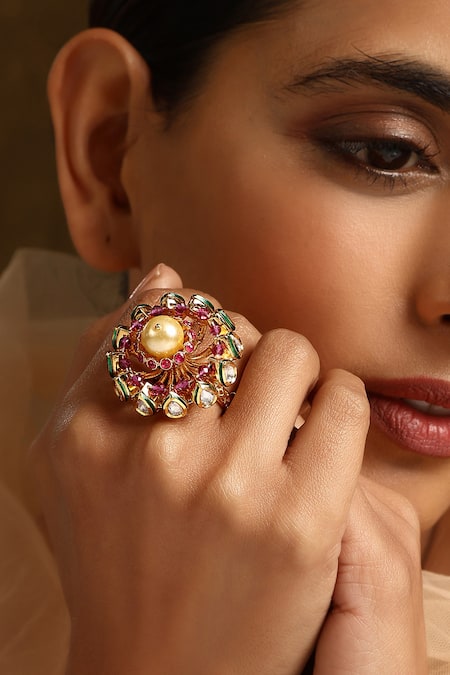 Buy_Swabhimann_Red Stones, Diamonds Embellished Handmade Ring _Online_at_Aza_Fashions