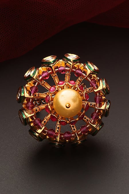 Shop_Swabhimann_Red Stones, Diamonds Embellished Handmade Ring _at_Aza_Fashions