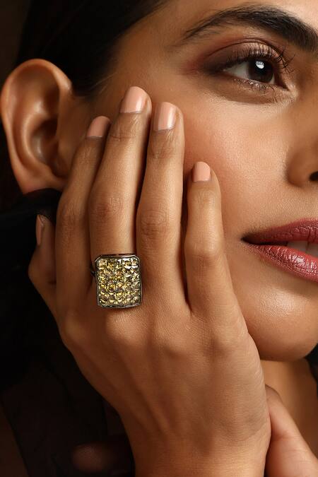 Swabhimann_Green Zari Zirconia Embellished Ring _Online_at_Aza_Fashions