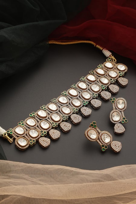 Swabhimann_Green Stones, Zari Polki Embellished Choker And Earrings Set _Online_at_Aza_Fashions