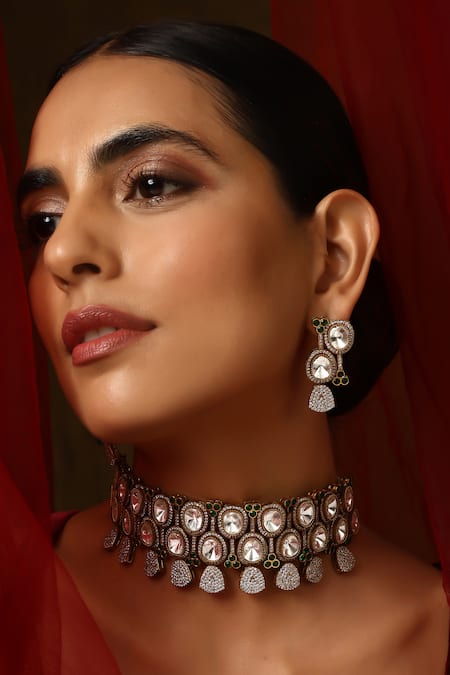 Buy_Swabhimann_Green Stones, Zari Polki Embellished Choker And Earrings Set _Online_at_Aza_Fashions