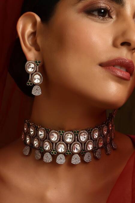 Shop_Swabhimann_Green Stones, Zari Polki Embellished Choker And Earrings Set _Online_at_Aza_Fashions