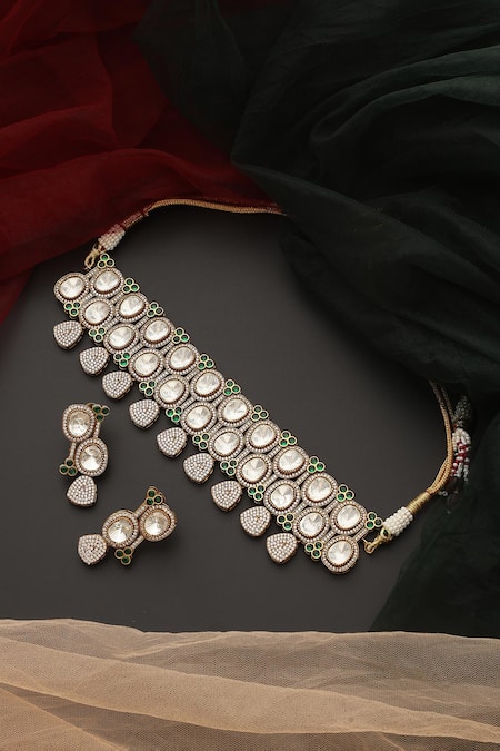 Shop_Swabhimann_Green Stones, Zari Polki Embellished Choker And Earrings Set _at_Aza_Fashions