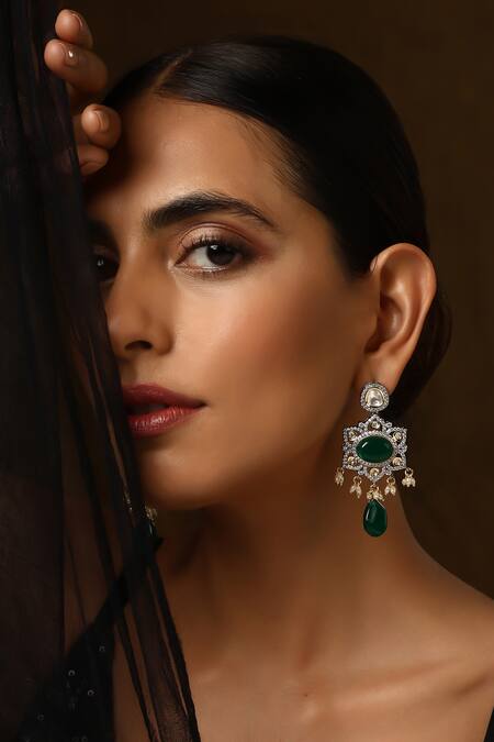 Swabhimann_Green Stones, Zari Polki Dangler Earrings _Online_at_Aza_Fashions