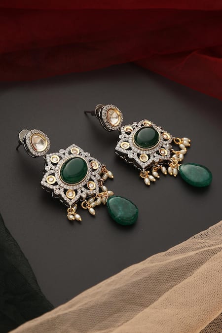 Shop_Swabhimann_Green Stones, Zari Polki Dangler Earrings _Online_at_Aza_Fashions