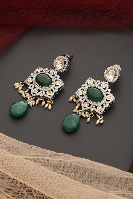 Shop_Swabhimann_Green Stones, Zari Polki Dangler Earrings _at_Aza_Fashions