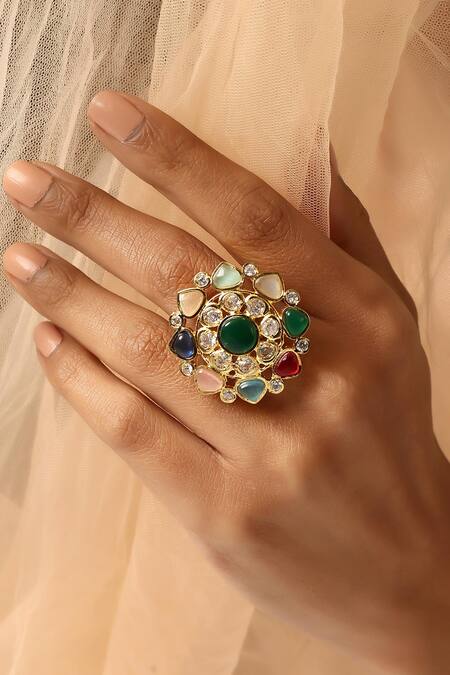 Swabhimann_Multi Color Stones, Diamonds Navratna Kundan Embellished Ring _Online_at_Aza_Fashions