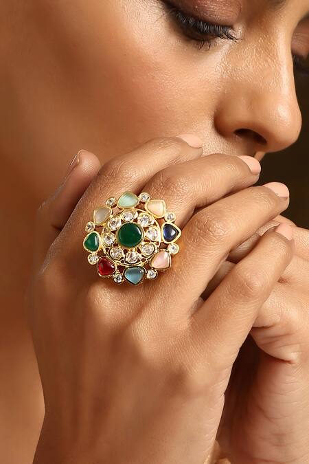 Buy_Swabhimann_Multi Color Stones, Diamonds Navratna Kundan Embellished Ring _Online_at_Aza_Fashions