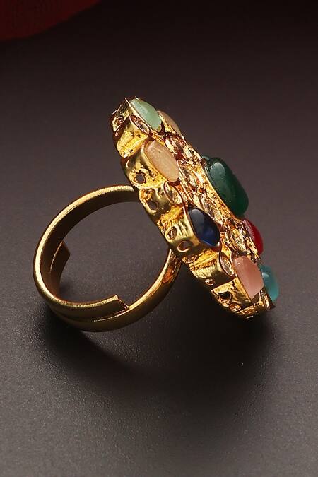 Shop_Swabhimann_Multi Color Stones, Diamonds Navratna Kundan Embellished Ring _Online_at_Aza_Fashions