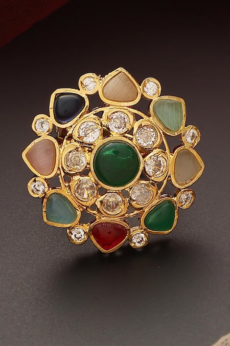 Shop_Swabhimann_Multi Color Stones, Diamonds Navratna Kundan Embellished Ring _at_Aza_Fashions