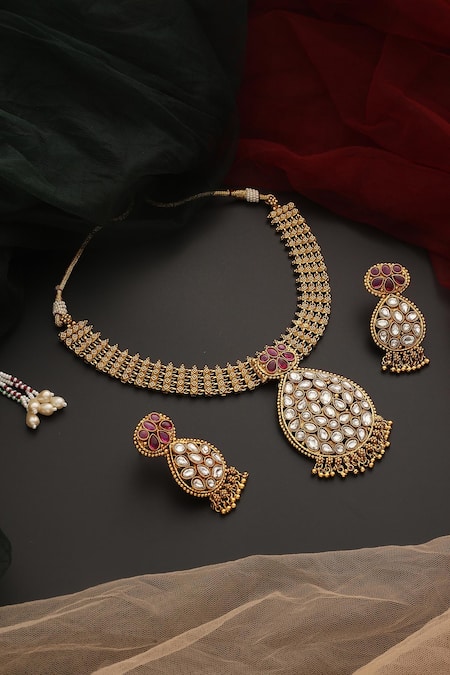 Shop_Swabhimann_Red Stones, Gota Patti Kundan Embellished Pendant Necklace Set _at_Aza_Fashions