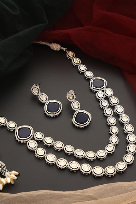 Swabhimann_Blue Stones, Diamonds Victorian Polki Layered Necklace Set _Online_at_Aza_Fashions