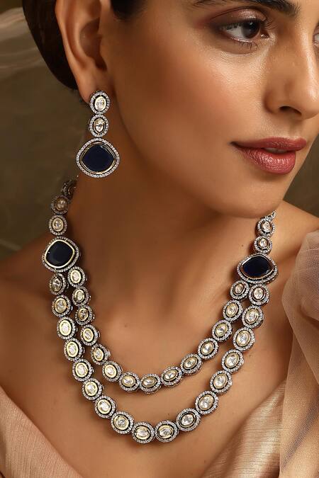 Buy_Swabhimann_Blue Stones, Diamonds Victorian Polki Layered Necklace Set _Online_at_Aza_Fashions